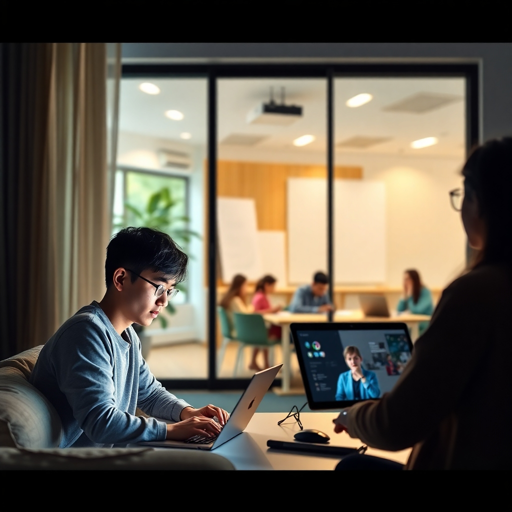 A photorealistic image showcasing various learning environments: a student working on a laptop at home, a group collaborating on a project in a modern classroom, and another individual attending an online lecture. High resolution, professional lighting are needed. The images should seamlessly blend together into one cohesive image. The overall mood is one of convenience, flexibility, and ease of learning.  Each environment should feel modern and comfortable.