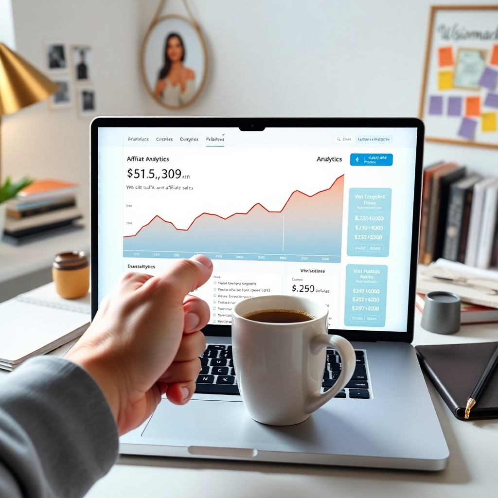 A photorealistic image showcasing a laptop screen displaying analytics showing a significant increase in website traffic and affiliate sales, with a hand reaching out to grab a cup of coffee. The background should be a clean, modern home office, with subtle hints of personal development tools like planner, books, and a vision board. The image should convey the satisfaction and success of affiliate marketing.