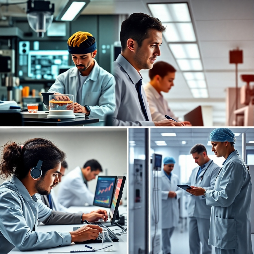 A photorealistic image showcasing professionals in different industry settings. One section could show a team of engineers in a high-tech lab, another a group of financial analysts reviewing market data, and a third could depict healthcare professionals collaborating in a hospital. Each section should illustrate the specific tools, equipment, and tasks associated with that industry, emphasizing the detail and precision required.