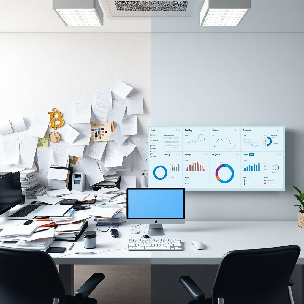 A photorealistic image showcasing a split-screen: one side showing a chaotic, disorganized desk overflowing with paperwork and multiple devices, the other side showing a clean, minimalist workspace with a single, organized digital dashboard. The image should clearly communicate the contrast between inefficiency and efficiency, emphasizing the improved productivity and reduced stress with the use of MyServicesMadeEasy.