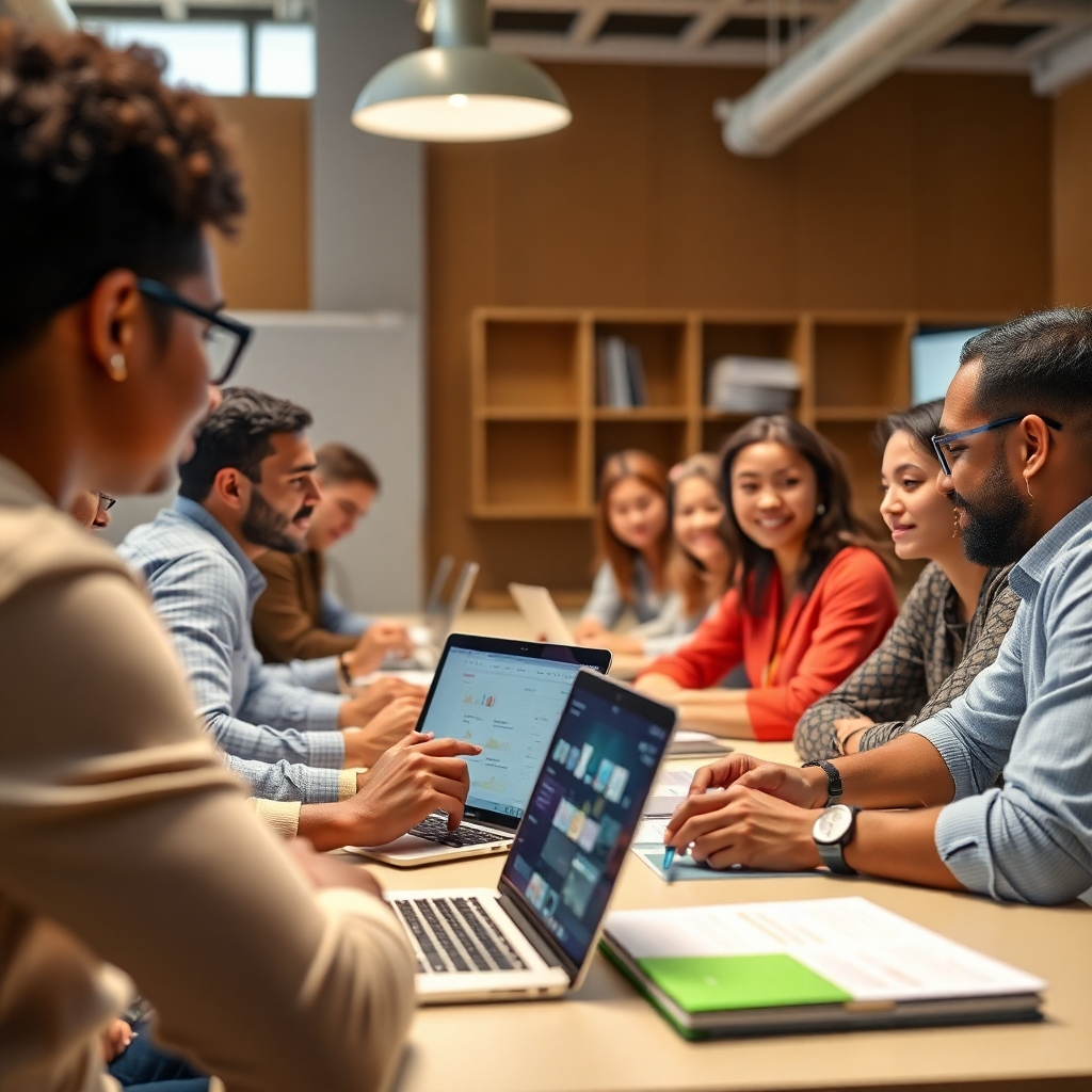 A photorealistic image showing a training session or workshop. The image depicts a diverse group of people actively participating in a training session, with an instructor providing guidance.  Bright, professional setting with laptops, product samples, and training materials visible, showcasing a supportive and educational environment.
