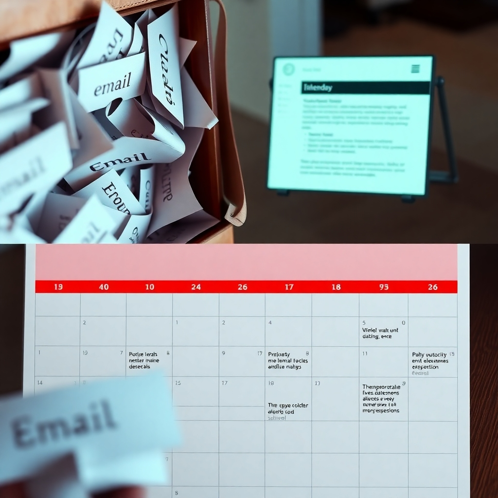 A photorealistic image showing an inbox overflowing with emails, contrasted with a clean, organized email sequence displayed on a calendar, showing automated lead nurturing emails scheduled strategically. The overall vibe should convey effective email marketing, creating organized communication for customer retention and engagement.