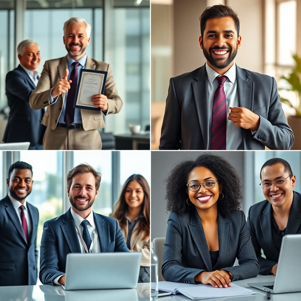 A photorealistic image showing a montage of diverse individuals in successful career roles in various settings. Each person should look happy and accomplished.  One person could be accepting an award, another leading a team, another negotiating a deal, and one working independently, all dressed professionally and exuding confidence and success.