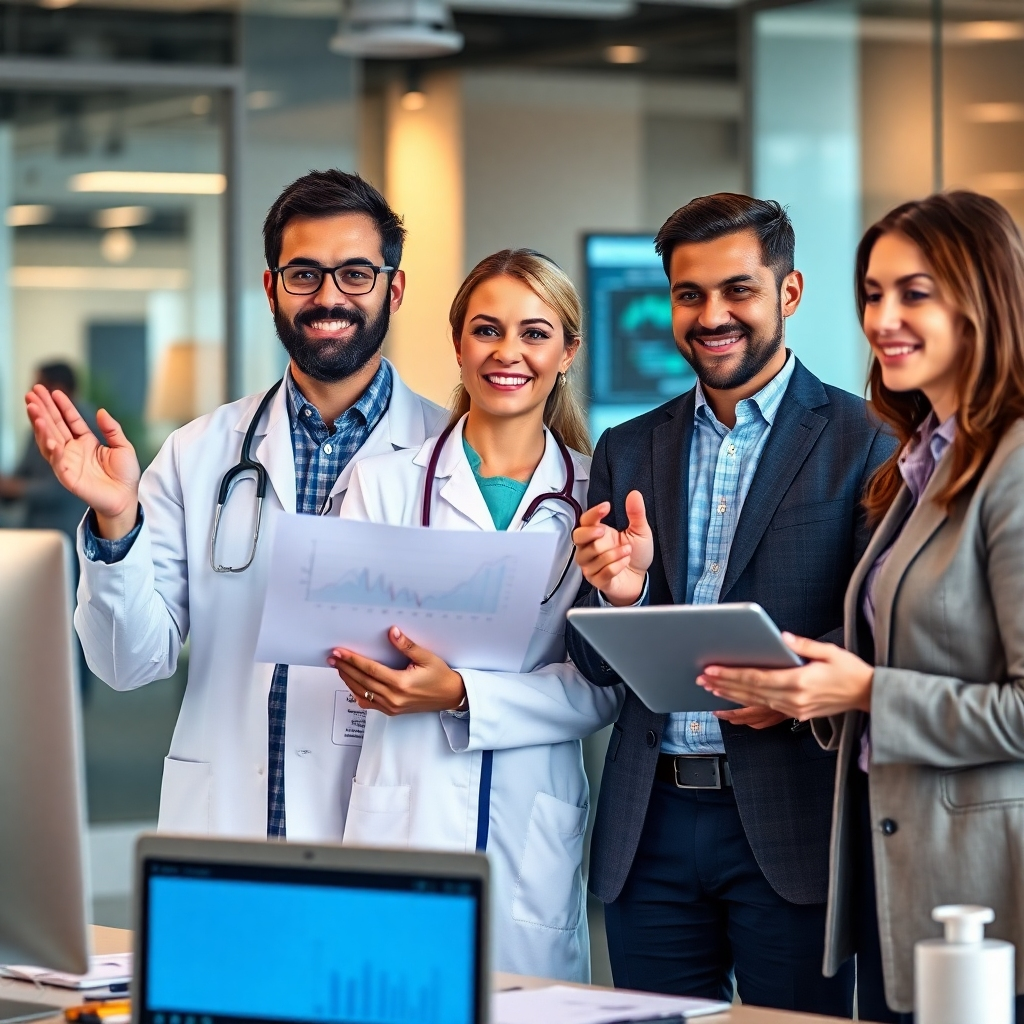 A photorealistic image showing professionals from diverse industries (e.g., healthcare, IT, finance) confidently presenting their work or collaborating on projects.  The setting could be a modern office environment or a professional conference. The image should emphasize collaboration, professionalism, and a sense of accomplishment.  Include elements that hint at the specific industries, such as medical equipment, computer code, or financial charts.