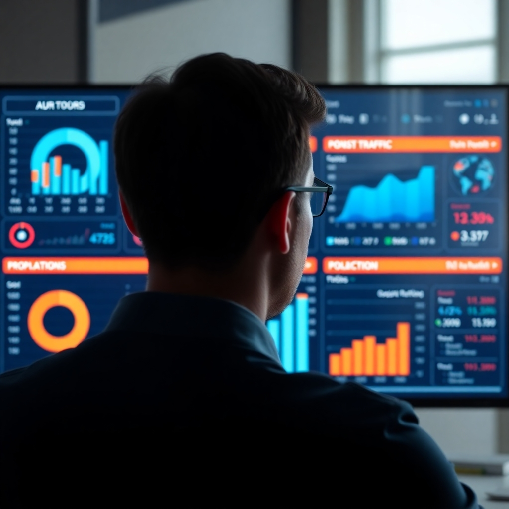 A photorealistic image showing a dashboard displaying various key performance indicators (KPIs) related to a digital marketing campaign. These KPIs should include metrics like website traffic, leads, conversions, and return on investment (ROI). The dashboard should visually display the data effectively through charts and graphs, with a focus on positive trends. A person is attentively looking at the screen, showing engagement in the analysis.
