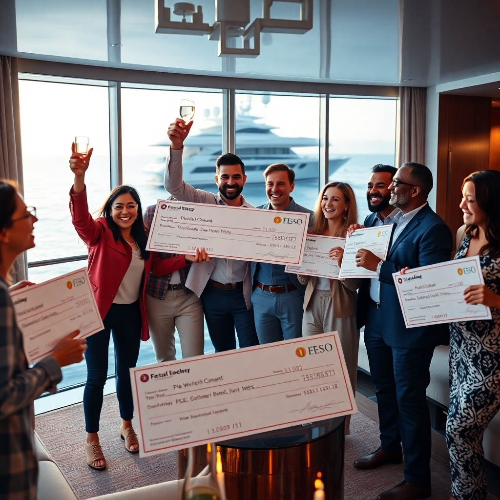 A photorealistic image showing a diverse group of people celebrating a success.  They could be raising a toast, laughing together, or holding oversized checks. The background should feature a luxurious setting like a penthouse suite or yacht, symbolizing financial success and rewards. The image should convey joy and achievement.