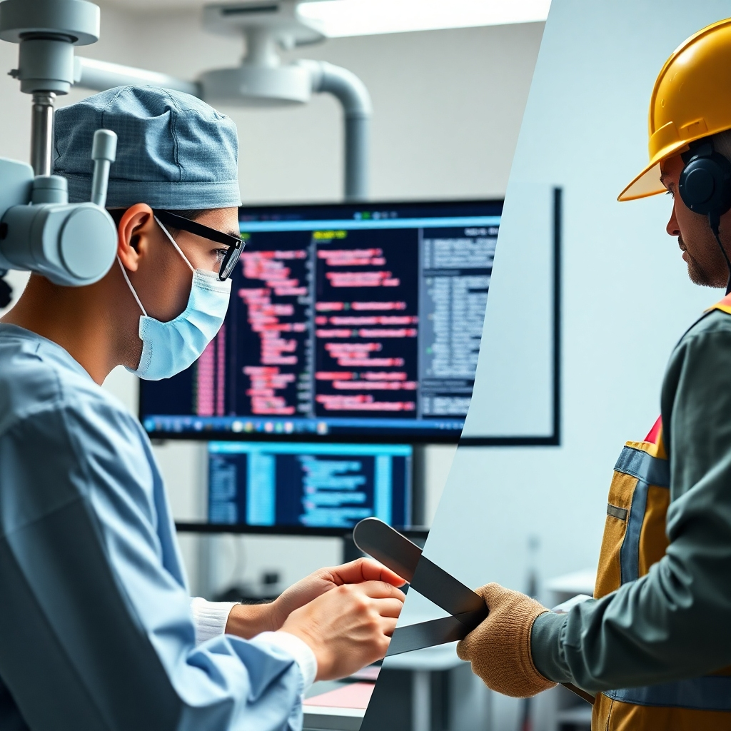 A photorealistic image showing three distinct scenes, each representing a different industry: a medical professional using sophisticated medical equipment; a software engineer working on a complex coding project on a large monitor; a construction worker skillfully using modern building tools. Each scene should be sharply focused and professionally lit, showcasing the precision and technical proficiency required in each profession. The image should have a clean, professional look, conveying the targeted and specialized nature of the training.