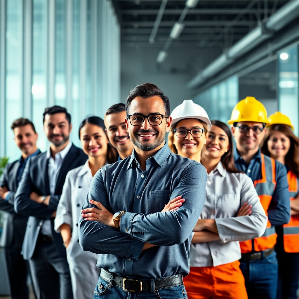 A photorealistic image showing a diverse group of professionals from different industries, looking confident and successful.  Some could be in business attire, while others are in more casual, industry-specific uniforms (like a chef, construction worker, or software developer).  The background should subtly suggest their respective workplaces, with a modern and clean look.  The image should convey a sense of collaboration, innovation, and forward-thinking, using dynamic lighting and composition to capture a feeling of progress and movement. The overall mood should be energetic and positive.