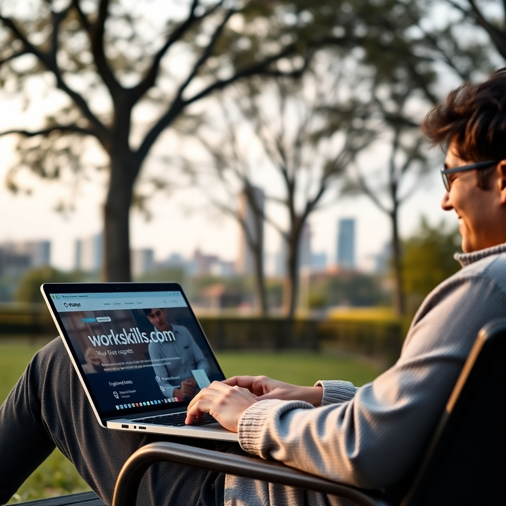A photorealistic image showing a person smiling while comfortably working on a laptop outdoors in a park. The laptop displays the work-skills.com website, and the background subtly showcases city buildings in the distance. The overall mood is calm, flexible and productive.