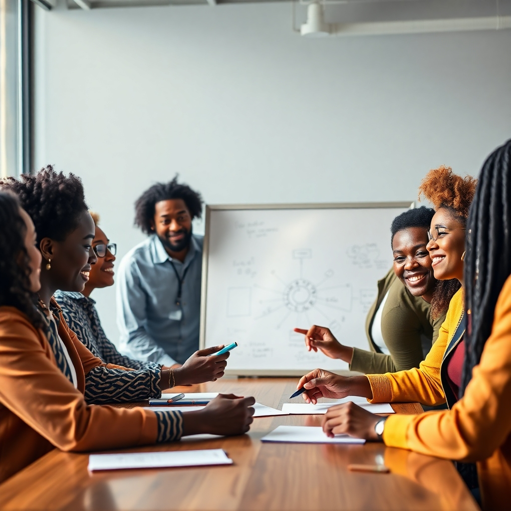 A photorealistic image showing a diverse group of Black business owners collaborating around a table, brainstorming ideas on a whiteboard.  Their expressions demonstrate enthusiasm and teamwork.  The setting should be bright and modern, reflecting a collaborative and innovative atmosphere.  The image should convey a sense of shared success and mutual support.