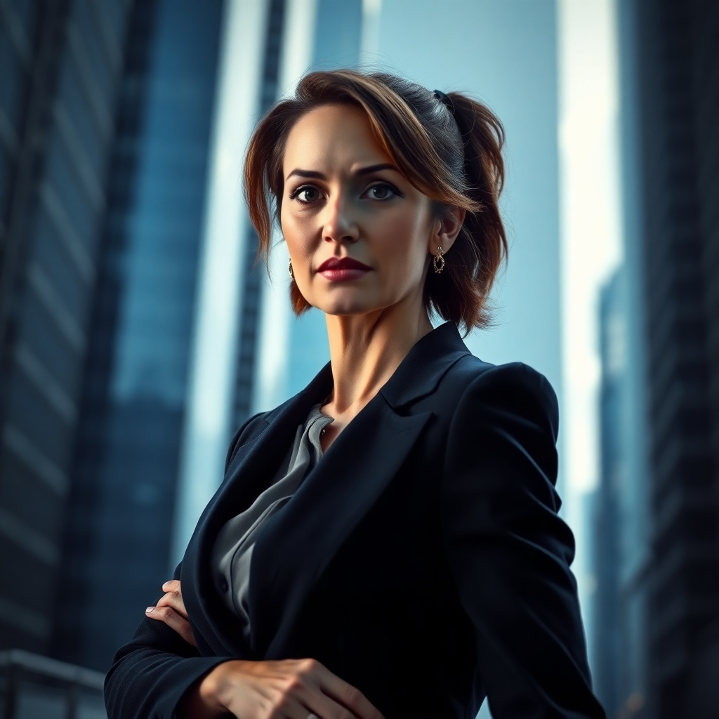 A photorealistic image, ultra-high definition, showcasing a woman in her late 30s, dressed in a sharp business suit, confidently striding towards the camera.  The background is a blurred cityscape with skyscrapers, implying ambition and progress. The lighting is dramatic side lighting, casting a strong shadow on one side of her face and highlighting her determined expression. The color palette is sophisticated, using deep blues, grays, and a pop of gold in her jewelry. The mood is powerful and aspirational. The camera angle is eye-level, creating a sense of direct connection with the viewer. The texture of her suit is crisp and professional, while the cityscape texture conveys the dynamic energy of her career path.  Style reference: Steve McCurry's portrait style, emphasizing emotion and storytelling.  Environmental elements include towering buildings, a sense of upward mobility. The overall image radiates confidence, determination, and career advancement. The image should be 8k resolution, with a hyperrealistic rendering style that captures fine detail in her facial expressions and attire.