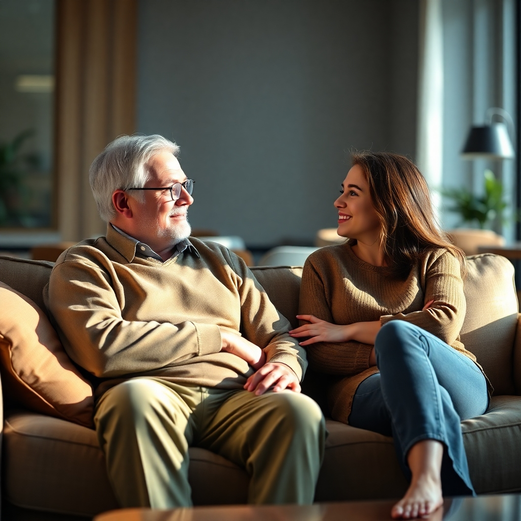 A photorealistic image, ultra-high resolution (8K), featuring a mentor (50-60s, kind and experienced looking) and a mentee (25-35, enthusiastic and engaged) seated comfortably on a modern couch in a well-lit, inviting office or co-working space.  The lighting is soft and natural, creating a warm and friendly atmosphere.  The color palette consists of muted earth tones and calming blues, reflecting trust and confidence. The scene should showcase a deep and meaningful conversation between the two individuals. The mentor is actively listening, offering subtle cues of encouragement, while the mentee expresses thoughtful engagement.  The composition is a medium shot, emphasizing the connection and interaction between mentor and mentee.  The background is slightly blurred, featuring soft textures of fabric, wood, and natural light.  The style is reminiscent of the work of Steve McCurry, capturing authentic human emotion.  The image should feel personal and intimate, emphasizing the supportive and positive nature of the mentorship. The focus is on both individuals and their body language, conveying a sense of mutual trust and respect. The textures are highly detailed, showcasing the subtle details in their clothing, and the atmosphere of calm and focus.