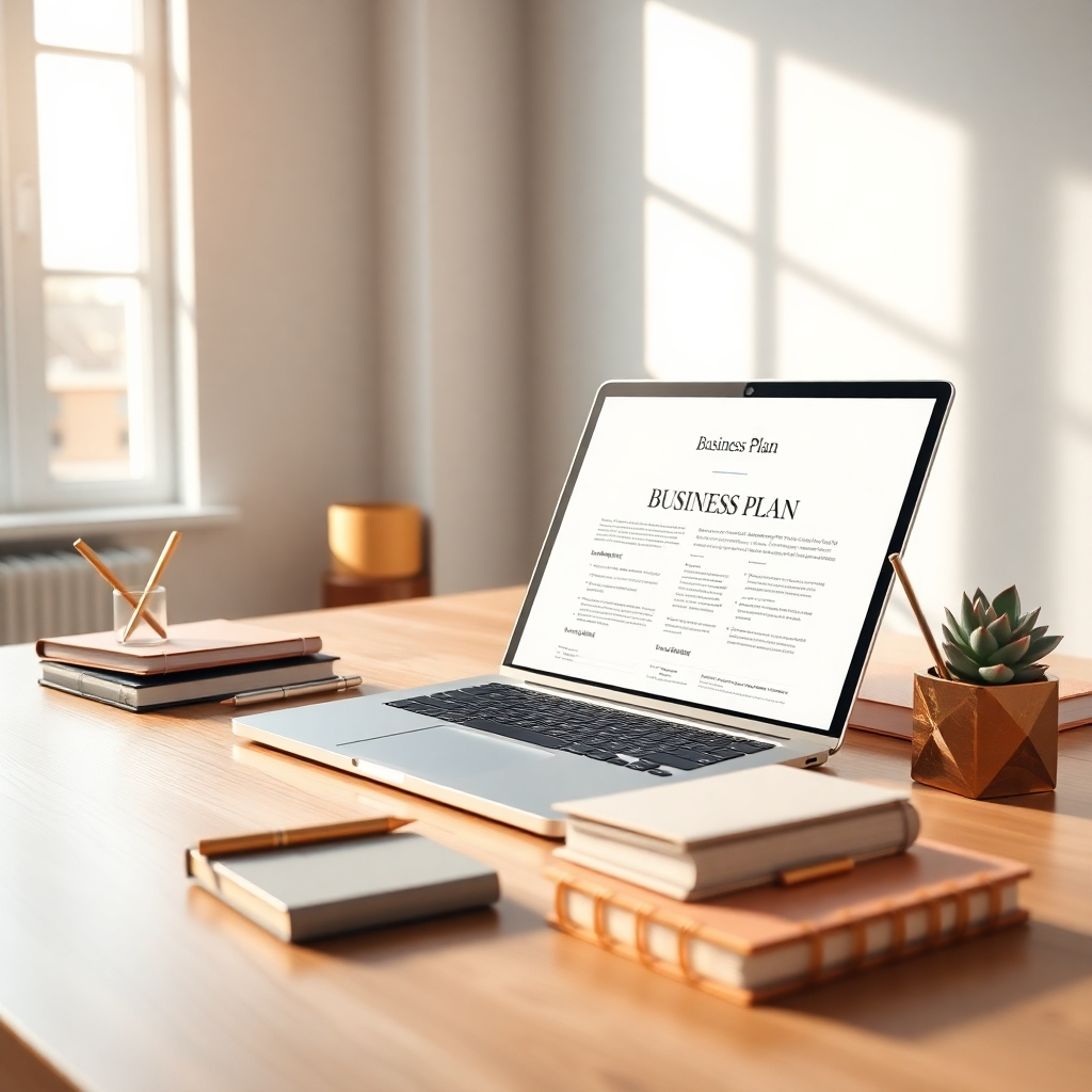 A photorealistic, ultra-high-definition (8K) image depicting a modern, minimalist workspace.  The scene is bathed in soft, diffused natural light streaming through a large window.  A sleek, silver laptop rests open on a light oak desk, displaying a beautifully designed business plan document.  Surrounding the laptop are neatly organized notebooks, a stylish pen holder with gold pens, and a small succulent plant. The color palette is warm and inviting, with earthy tones and accents of gold. The camera angle is slightly elevated, offering a clear view of the document and workspace. The overall mood is professional, confident, and inspiring, reflecting the quality and thoroughness of the business plan. The textures are highly detailed—the smooth surface of the laptop, the grainy texture of the paper, the soft leaves of the succulent.  The background is subtly blurred, focusing attention on the laptop and document.  The style should evoke the clean aesthetic of a high-end design firm, similar to the photography of Annie Leibovitz, emphasizing detail and clarity. The image must be hyperrealistic, emphasizing texture and lighting for an ultra-detailed and polished result.