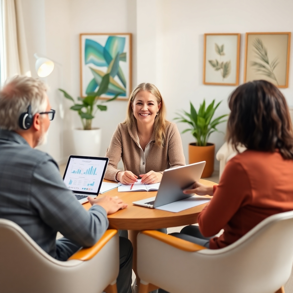 A photorealistic, ultra-high definition (8K) image depicting a friendly, middle-aged female health coach smiling warmly at a diverse group of three clients (one male, two female, representing different ages and ethnicities) during a consultation in a sunlit, modern health studio. The coach is seated at a table with health-related literature and a laptop displaying charts and graphs.  Clients are seated, actively engaged, taking notes, and maintaining eye contact. Soft, diffused lighting creates a welcoming atmosphere. The color palette is warm and inviting, emphasizing natural earth tones with accents of light greens and blues. Camera angle is from a slightly elevated position, offering a clear view of the participants. The textures are realistic: smooth wooden table, soft fabrics on chairs, the subtle texture of skin. Background elements include potted plants and calming artwork. The style should emulate the work of Annie Leibovitz, focusing on genuine emotional connection.  The image should feel optimistic and empowering. The overall mood should convey trust, support, and success.