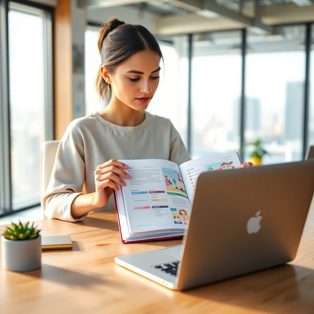 A photorealistic, ultra-high-quality 8K image depicting a young, ambitious woman sitting at a modern, minimalist desk bathed in soft, diffused natural light.  She's thoughtfully reviewing a beautifully designed, personalized planner open to a page showcasing a detailed plan with vibrant colors and inspiring visuals. The desk is made of light oak wood, with a sleek, silver laptop and a succulent plant adding to the clean aesthetic. The background is a blurred-out view of a bright, airy office with city views. The overall mood is optimistic and empowering.  The image should be in the style of a high-end lifestyle magazine photoshoot, with a focus on texture and detail in the planner and surrounding objects. The camera angle is slightly elevated, offering a close-up view of the planner and the woman's focused expression.  Focus on capturing the subtle textures of the paper, the wood grain, and the soft fabric of her clothing.  The color palette is soft and natural, featuring creams, beiges, and muted greens, reflecting a calm and productive atmosphere.  The overall feeling should evoke a sense of confidence and possibility. The image should be hyperrealistic and ultra-detailed, highlighting the high-quality materials and the meticulous design of the planner.