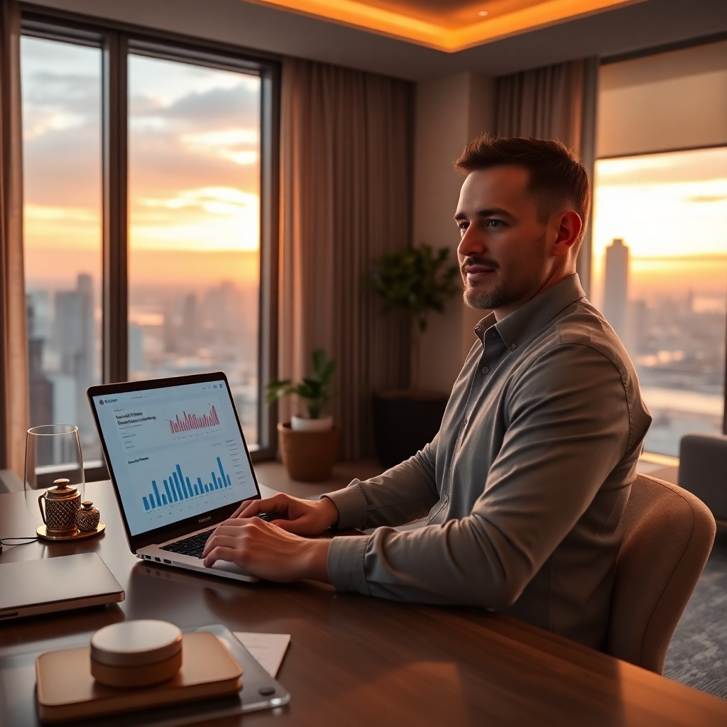 A photorealistic, ultra-high-quality image, 8K resolution, depicting a successful entrepreneur, mid-thirties, confidently working on a laptop in a luxurious, modern home office.  The room features large windows offering a breathtaking view of a cityscape at sunset, casting a warm golden light over the scene.  The laptop screen subtly displays a successful affiliate marketing dashboard, showcasing positive analytics and revenue growth.  The surrounding environment hints at success – modern minimalist design, high-end technology, and subtle luxury items present in the background but not the focus. The mood is one of success, accomplishment, and relaxed confidence. The lighting is a mix of soft ambient light from the windows and focused task lighting on the desk, highlighting the laptop screen and the entrepreneur's face. The color palette is warm and sophisticated, with golden hues reflecting the sunset.  The camera angle is slightly elevated, offering a comfortable eye-level view of the entrepreneur.  The focus is on the subtle textures of the clothes, the laptop, and the furniture, emphasizing a sense of high quality and success.  The style should be similar to a high-end business magazine cover shoot, conveying professionalism and accomplishment while still maintaining a relaxed and sophisticated vibe. The image is hyperrealistic and emphasizes realism and detail.