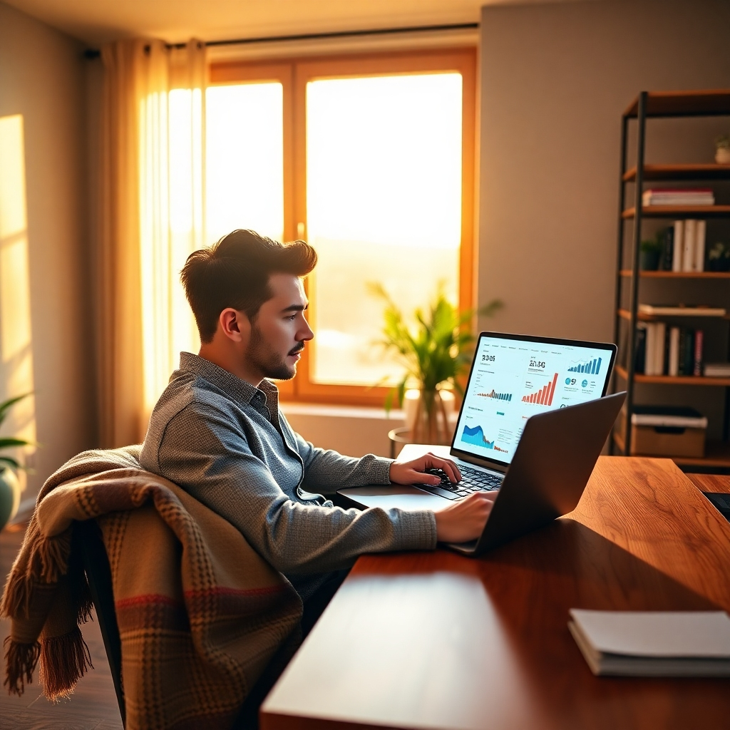A photorealistic, ultra-high-quality image (8K resolution) of a young, successful entrepreneur, mid 30s, sitting comfortably yet professionally at their home office desk, bathed in warm, golden light from a nearby window.  They are actively looking at a laptop screen showcasing a vibrant infographic illustrating successful affiliate marketing strategies. The room is modern and minimalist, with elements of natural wood and sleek metal accents.  The color palette consists of warm earth tones, deep greens, and accent pops of gold. The mood is one of calm focus and success. The camera angle is slightly elevated, providing a sense of authority and looking down towards the desk from a modest distance.  Textures include soft wool blankets, the smooth glass of the laptop, and the warm, textured wood of the desk.  The laptop screen displays various data charts and graphs representing successful campaigns. Books on digital marketing are subtly visible on the shelf. In the style of a contemporary lifestyle photographer, showcasing an aspirational yet attainable level of success.  The lighting is soft, almost cinematic, with a slight bokeh effect to highlight the subject. The image is hyperrealistic, emphasizing details like the grain of the wood and the reflection in the laptop screen. Every element should portray sophistication, success, and easy elegance