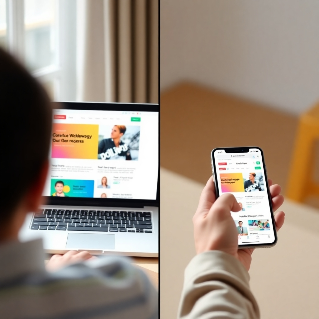 A split-screen image. One side shows a person easily navigating a vibrant, well-designed website on a laptop, while the other side shows the same website displaying perfectly on a smartphone. Both screens should be showcasing different sections of the website, demonstrating its responsiveness and ease of use. The overall aesthetic must be clean, modern, and user-friendly.