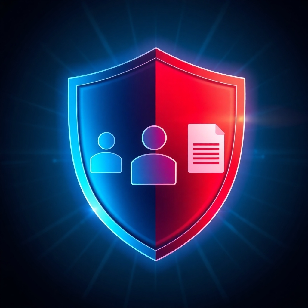 A stylized graphic depicting a strong, impenetrable shield protecting data icons such as a user profile, credit card, and document.  The background should be a dark, secure-feeling blue with subtle glowing lines. High resolution, photorealistic style.