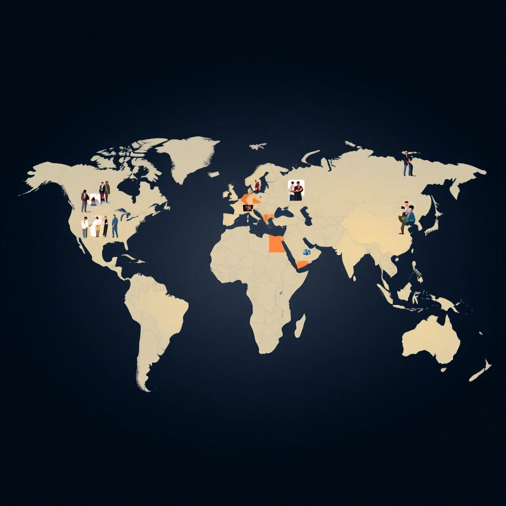 A stylized world map with highlighted regions representing countries where the certification is recognized, superimposed with images of diverse professionals working in various global locations.  The style should be modern, clean and professional, with subtle use of visual cues to emphasize global connectivity and career mobility.