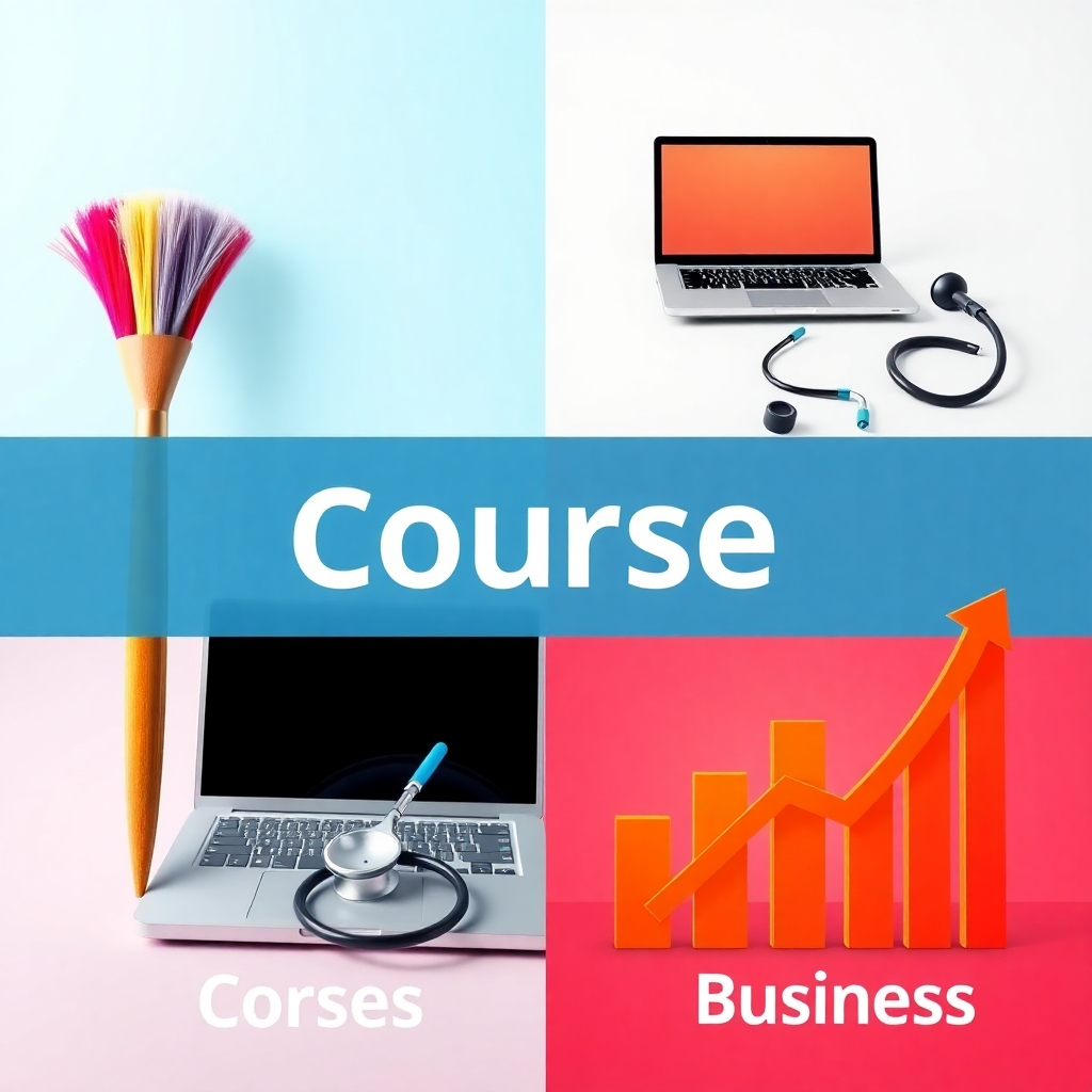 A vibrant collage showcasing diverse course categories: a paintbrush for arts, a laptop for technology, a stethoscope for healthcare, and a graph for business, all against a clean, modern background.  Photorealistic style, bright and inviting.