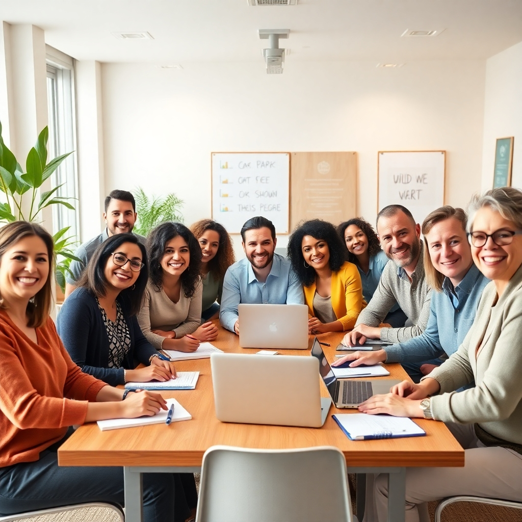 An 8K resolution hyperrealistic image of a diverse group of 10-12 adults, all smiling and actively engaged in a personal development workshop. The setting is a bright, airy, modern classroom with large windows, soft diffused lighting, and natural elements like plants adding to the warm and welcoming environment. The color palette consists of soft pastels and warm earth tones creating a calm yet energetic atmosphere.  The camera angle is from across the room, slightly elevated, showing the whole group and their enthusiastic expressions.  The participants are diverse in age, gender, and ethnicity. The scene should depict a lively discussion, with participants using laptops, whiteboards, and other educational materials. The mood is positive, engaging, and collaborative.  The textures should reflect the natural materials used in the classroom, such as the wooden tables, soft carpets, and woven textiles. Props include notebooks, pens, laptops, whiteboards with visually engaging content, and motivational posters. The style should be similar to a contemporary photography style seen in business magazines, emphasizing professionalism and a welcoming environment. Hyperrealistic rendering with attention to individual expressions and details is crucial. The overall image conveys energy, collaboration, and growth.