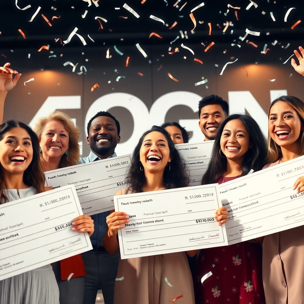 An image depicting a diverse group of people of different ages and backgrounds celebrating success. They are holding oversized checks and smiling broadly, while confetti rains down.  The background should include our company logo subtly incorporated, with a luxurious and modern aesthetic. The image should project a sense of achievement and financial freedom.