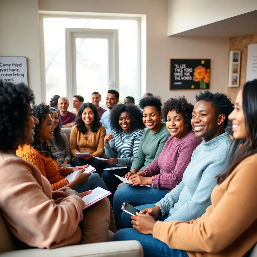An image in 8k resolution, hyperrealistic style, portraying a diverse group of 10-15 people actively participating in a workshop.  They are seated in a bright, airy room with large windows letting in soft, diffused natural light.  The color palette is warm and inviting, with earth tones and calming pastels.  The composition should showcase a variety of ages and ethnicities, all engaging in a group activity. The camera angle should be slightly elevated, capturing the energy and engagement of the group.  The room features comfortable seating arrangements and modern design elements; whiteboard with inspiring quotes visible. The textures include the softness of fabrics and the smoothness of the whiteboard.  Props include notebooks, pens, and inspirational artwork on the walls. The style should resemble the work of Gregory Crewdson, creating a mood that is both intimate and empowering. The mood should be optimistic, inclusive, and collaborative. The background features subtle, uncluttered décor, focusing the viewer's attention on the participants' engagement and facial expressions.  Focus should be on the positive interactions among the participants, emphasizing the supportive environment of the workshop.