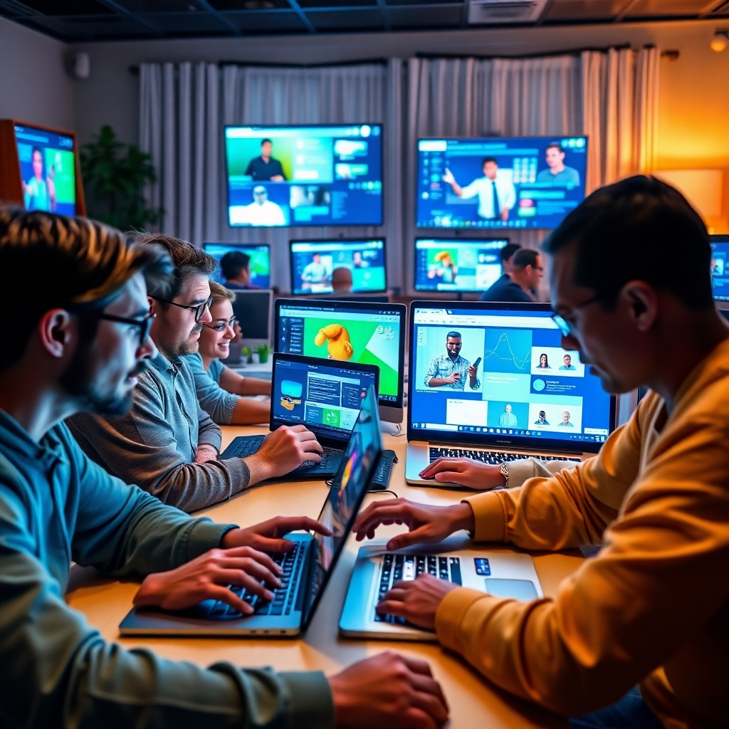 An ultra-detailed, 8K resolution image portraying an online learning environment. A diverse group of individuals are shown actively participating in an online workshop, their faces illuminated by laptop screens displaying dynamic visuals and engaging content. The lighting is bright and clear, enhancing the focus on the user interface.  The color scheme includes vibrant blues, greens, and oranges – colors that are both modern and approachable. The camera angle is a dynamic, multi-perspective shot from slightly above the users, showcasing both individuals focused on their screens and some group interaction through chat windows. Textures include the smooth surfaces of laptops and tablets, as well as the varied textures of people’s clothing and their home offices.  Background elements may include comfortable, but professional home office settings.  The style should be inspired by contemporary tech companies, focusing on modern clean lines and vibrant user-interface design. The image must convey the ease of access, versatility, and interactive learning experience.