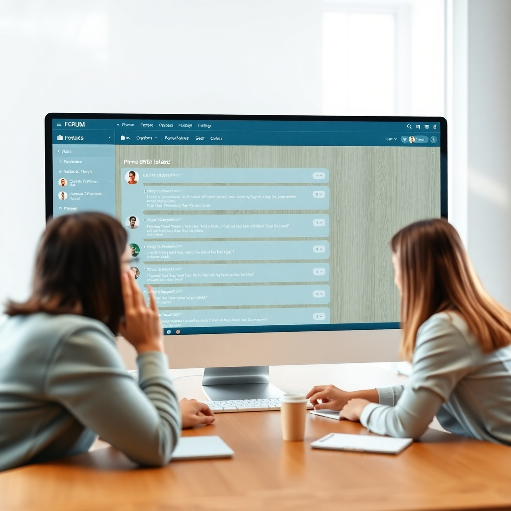 An ultra-detailed, 8K resolution image portraying a hyperrealistic online forum interface, with a diverse group of users actively participating in discussions. The scene should be brightly lit, with soft, diffused lighting, creating a comfortable and inviting atmosphere. The color palette should be calming and professional, using shades of blue and green. The camera angle is a close-up shot, focusing on the interface details and user interactions. Textures should include the subtle texture of a wood grain desktop background, adding a touch of warmth, contrasted with the smooth glass-like appearance of the forum interface itself. Environmental elements include subtle ambient lighting, simulating a daytime setting. Props include realistic representations of text messages, images, and icons within the forum threads. The style should be sleek and modern, aiming for a professional and approachable look and feel.  The overall mood is positive, collaborative, and engaging, reflecting a thriving online community. The image should showcase the high-quality UI and UX design, promoting user interaction and positive communication.