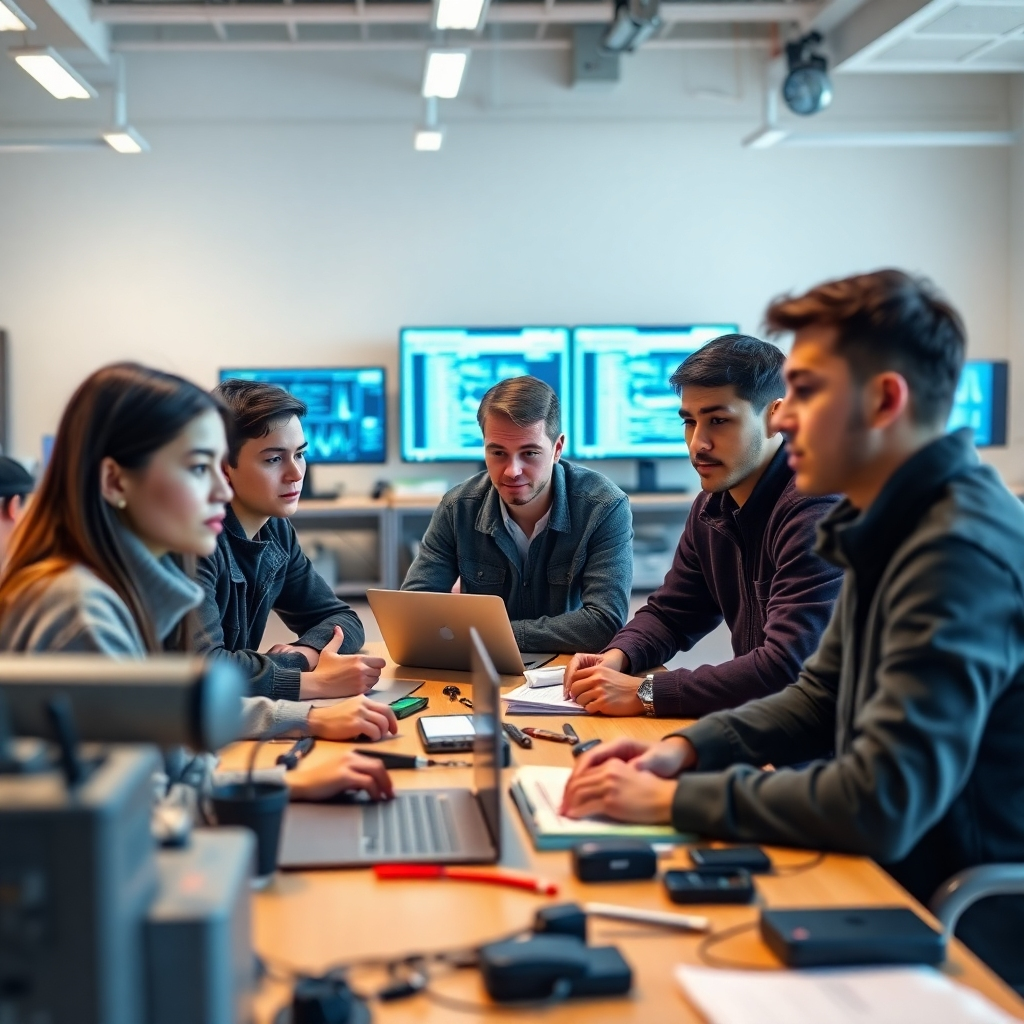 An ultra-high definition (8K), hyperrealistic image depicting a small group of focused students actively participating in a practical training workshop. The setting is a modern, well-equipped training facility with soft diffused lighting creating a calm and productive atmosphere. The color palette emphasizes natural, earthy tones with pops of bright color from the training equipment.  The camera angle is from slightly above, capturing the students' engagement.  The texture and materials include the smooth surfaces of technology, the wood grain of workbenches, and the fabric textures of clothing. Environmental elements include specialized equipment, computer screens displaying data, and organized workspaces.  Props include laptops, tools, and technical manuals. The background is blurred but visible, showcasing the modern training facility. The image style should evoke a feeling of focused collaboration and active learning, similar to the style of contemporary educational photography. The image should feel both professional and inviting, emphasizing the practical and engaging nature of the training.