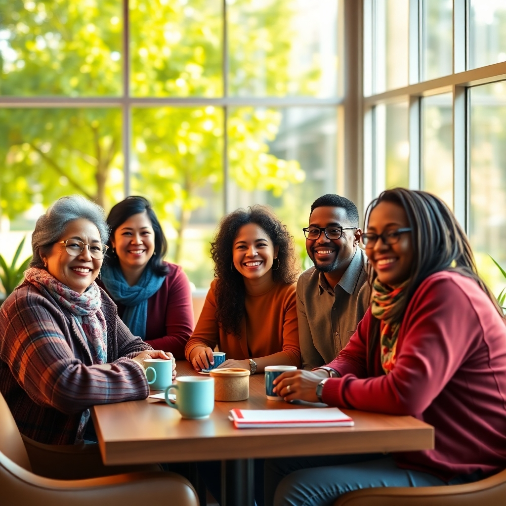 An ultra-high-definition (8K), hyperrealistic image depicting a diverse group of people aged 25-55, smiling and engaged in meaningful conversation at a 'Faith and Grow' event.  The setting is a brightly lit, modern community center with large windows overlooking a lush green park. Soft, natural light streams in, creating a warm and welcoming ambiance. The color palette is vibrant yet calming, featuring warm earth tones and bright accents of blue and green.  The camera angle is slightly high, capturing the group from a dynamic perspective that emphasizes their interaction.  The scene is textured with details: wooden tables, soft upholstery, plants, and warm lighting.  Props include coffee cups, notebooks, and friendly smiles. The style should be reminiscent of contemporary documentary photography with a bright, optimistic tone. The mood is one of inclusion, connection, and shared purpose. The image should be detailed enough to show the expressions on each individual's face, their clothing style, and the overall warm, inclusive atmosphere. The background includes a soft bokeh effect, focusing on the interaction between the members.  The scene should evoke a feeling of community and belonging.