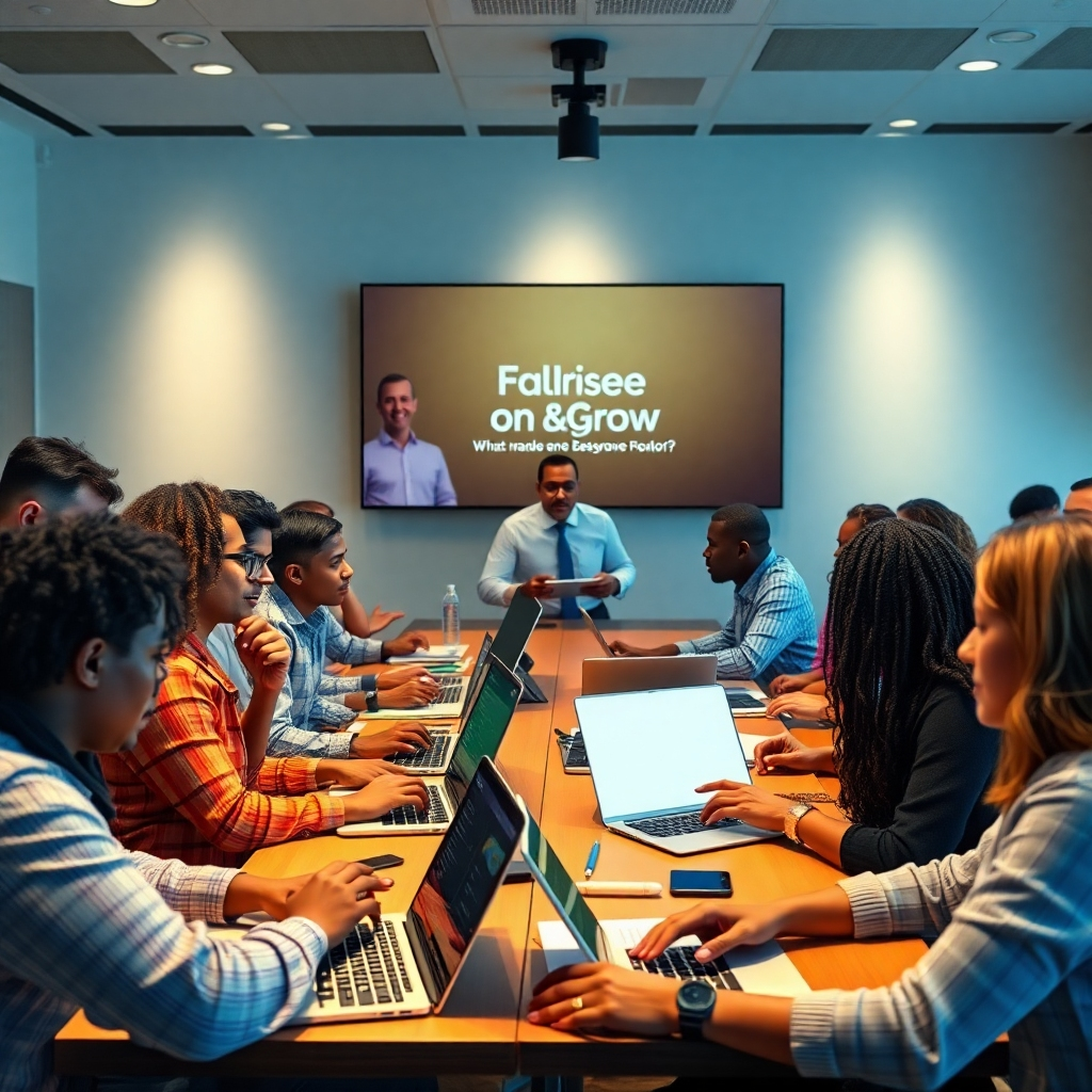 An ultra-high-definition, photorealistic image (8K resolution) of a lively, engaging virtual workshop. The scene should be captured from a slightly elevated angle, providing a comprehensive view of the participants.  The color palette should be vibrant and energetic, incorporating blues, greens, and yellows to reflect innovation and growth. The lighting is soft and diffused, eliminating harsh shadows and creating a welcoming atmosphere.  The image showcases diverse attendees actively participating, some typing on laptops, others asking questions, with a confident Christian business leader delivering the presentation.  The background should feature a clean, modern virtual meeting interface with Faith & Grow branding subtly integrated. Textures should include the realistic details of participants’ clothing, skin tones, and expressions.  Props include laptops, tablets, and digital notes.  The mood is positive, encouraging, and collaborative. Style it similar to a high-end corporate training video, emphasizing clarity and professionalism.