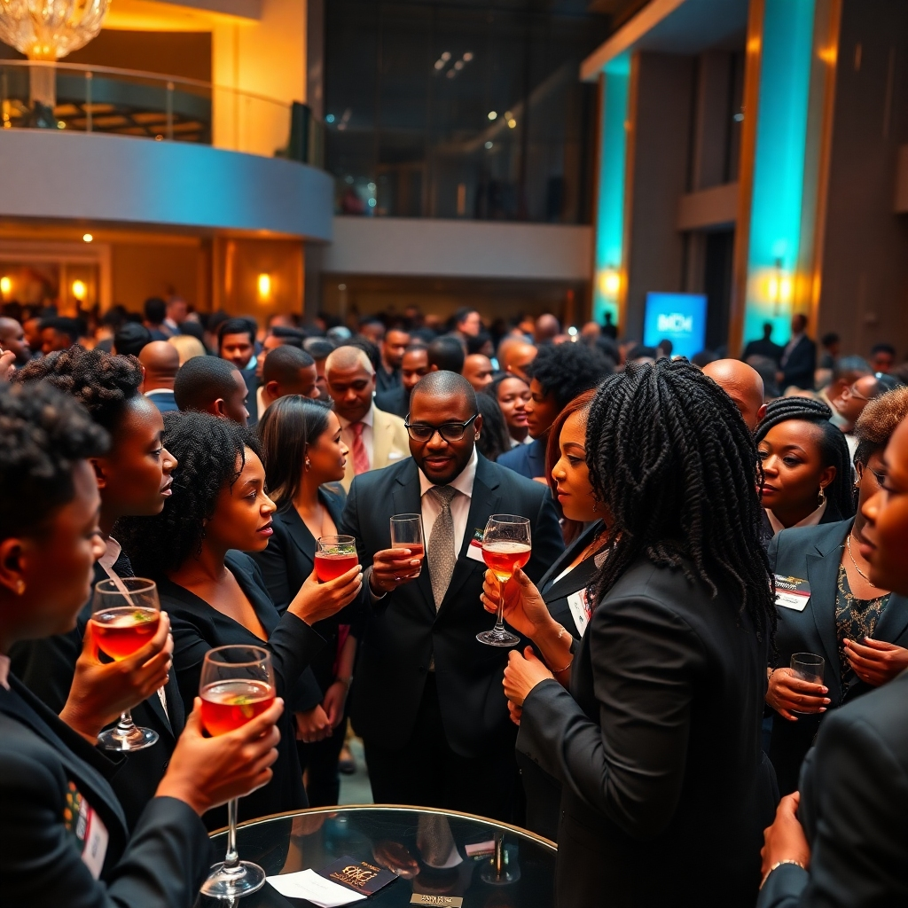 An ultra-high definition, photorealistic image, 8K resolution, showcasing a vibrant and diverse group of Black entrepreneurs and business leaders at a sophisticated networking event. The image should be shot from a medium-wide angle, emphasizing the energy of the event and the size of the crowd. Soft, warm lighting enhances the mood and captures the event's lively atmosphere. The color palette consists of warm and sophisticated tones, including rich earth tones, deep blues, and elegant gold accents. The textures should be highly detailed, showing the varied fabrics of business attire, the reflective surfaces of drinks, and the smooth surfaces of tables and bar areas. The background showcases an elegant upscale event space with modern architectural elements. The camera perspective should be from a slightly elevated position for a comprehensive view. Specific environmental elements include sophisticated cocktails, well-dressed attendees networking energetically, and ambient lighting.  The image is styled in the manner of a high-end lifestyle photography magazine, suggesting luxury, sophistication, and exclusivity. Specific props may include engraved name tags, premium cocktails, appetizers, and event signage with the Black Business Works logo.