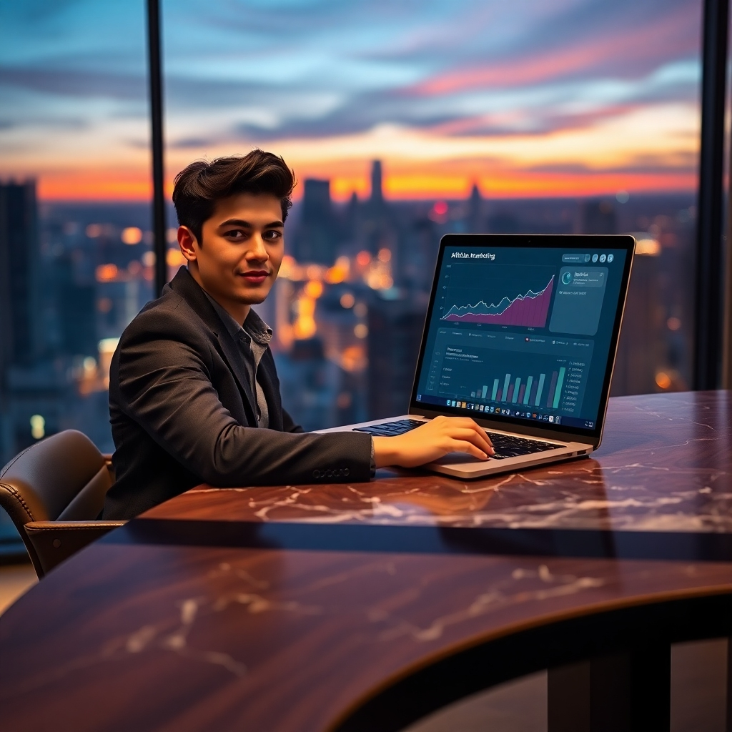 An ultra-high definition, hyperrealistic image of a young professional (28-35 years old) sitting at a sleek, modern desk overlooking a cityscape at sunset. Soft, warm light illuminates the scene, with the city lights forming a bokeh effect in the background. The color palette is rich and vibrant, consisting of deep blues, oranges, and purples. The camera angle is slightly low, emphasizing the professional's success and ambition. The desk is made of polished dark wood with a marble inlay, and the laptop screen displays a successful affiliate marketing dashboard with positive growth metrics.  The professional is wearing stylish but comfortable clothing.  The room's sleek minimalist decor suggests a feeling of success and innovation, employing textures like brushed metal and smooth leather.  The image's mood is confident, aspirational, and sophisticated.  The image should be reminiscent of the clean, sharp aesthetic found in commercial photography for tech companies.  8K resolution, ultra-detailed, highly realistic.