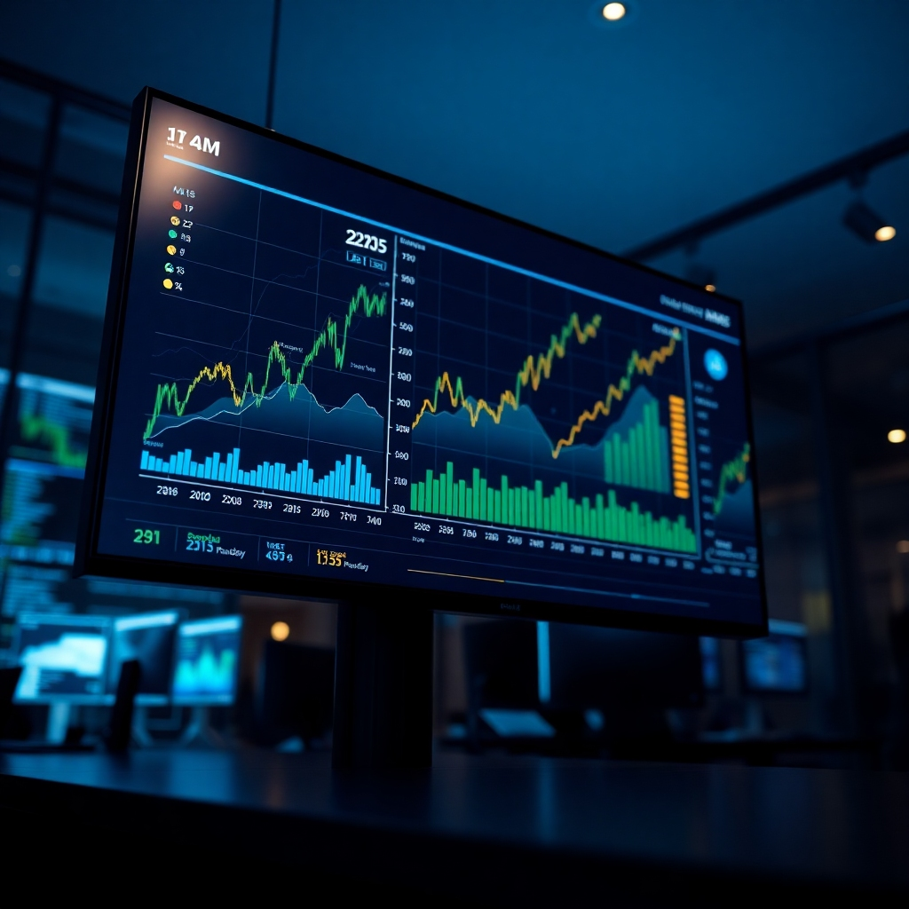 An ultra-high definition, hyperrealistic image showcasing a large screen displaying dynamic financial data visualizations – line graphs, bar charts, and key performance indicators (KPIs). The screen should be a sleek, modern display in a dimly lit room, with soft ambient lighting creating a slightly dramatic atmosphere.  The color palette should be cool and professional, with blues, greens, and accented golds representing growth and stability. The camera angle is slightly low, looking up at the screen, creating a sense of scale and importance. The textures of the screen and surrounding surfaces—glass, metal, etc—should be meticulously detailed, with realistic reflections and light refractions.  The overall mood is sophisticated, advanced, and confident.  The background should be subtly blurred, including elements hinting at a high-tech office environment, perhaps a few out-of-focus computer monitors. In the style of a Bloomberg terminal, but modern, conveying accuracy, precision, and reliability. The image should evoke a sense of data-driven decision-making and predictive analysis.