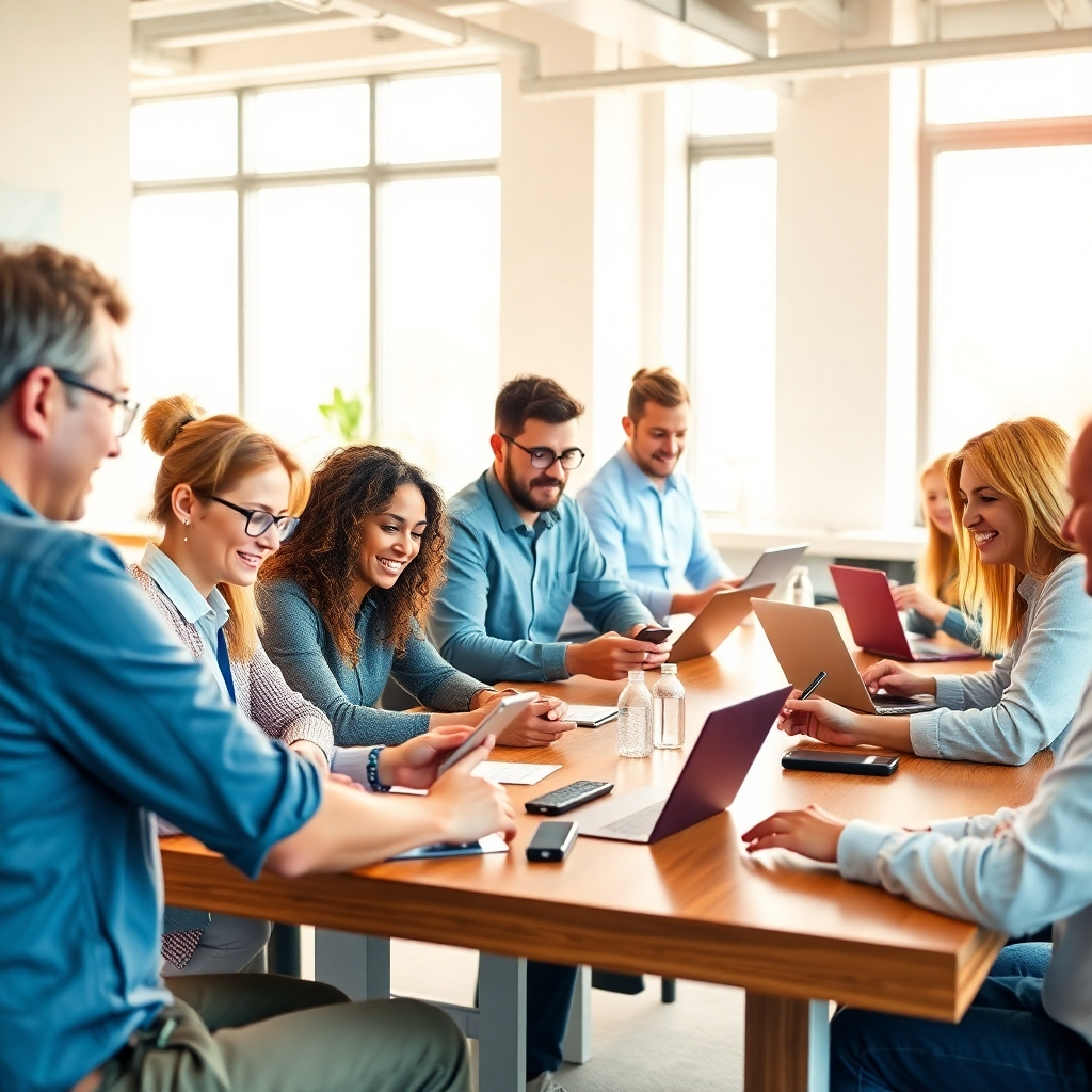 Create a photorealistic, ultra-high-quality 8K resolution image depicting a diverse group of approximately 10-12 professionals from various industries actively engaged in hands-on training.  The scene should be bright and airy, lit with soft, natural light streaming from large windows, creating a warm and inviting atmosphere. The color palette should be vibrant and energetic, featuring a mix of warm earth tones and cool blues, reflecting a modern and professional setting. The camera angle should be slightly elevated, offering a dynamic perspective that captures the energy of the group. The professionals should be captured in mid-action – some might be collaborating on a project, others using laptops or specialized equipment, showcasing a variety of hands-on activities. Textures should be highly detailed; the materials should include polished wood tables, sleek laptops, and soft fabrics.  The background should subtly feature a modern, minimalist office space, with elements hinting at various industries represented, such as architectural models, design sketches, or laboratory equipment. Relevant props should include tablets, smartphones, and other professional tools. The overall style should emulate high-end corporate photography, referencing the work of renowned photographers specializing in corporate and business settings.  The image must convey a sense of collaboration, innovation, and professional growth. Ensure hyperrealistic detail, emphasizing realistic skin tones and textures.  The mood should be positive, optimistic, and inspiring, reflecting the transformative power of professional development., ultra high resolution, photorealistic, 8K, hyperdetailed, cinematic lighting