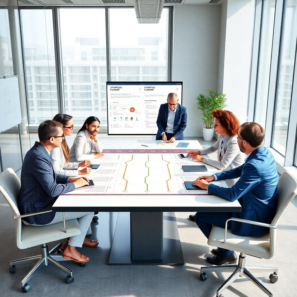 Create a photorealistic image depicting a strategic planning session in a modern conference room, with team members collaborating around a large table displaying a strategic roadmap. The image should feature a diverse team, modern technology and a well-organized, visually appealing setting.  The lighting should be well balanced, natural and bright. The style should be sophisticated and collaborative, conveying effectiveness and success.