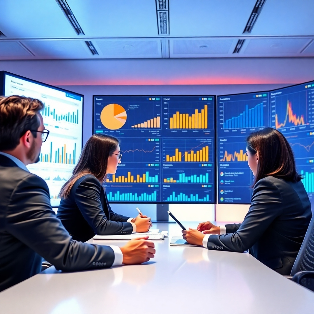 Create a photorealistic image of a team of financial advisors reviewing key financial data on large screens, with charts, graphs and data visualizations displayed prominently.  The scene should convey a collaborative environment, with focused attention on detail.  The lighting should be bright, crisp and sophisticated. The color palette should be professional and modern, with a combination of cool blues and warm oranges.  The style should be highly professional, precise and detailed.
