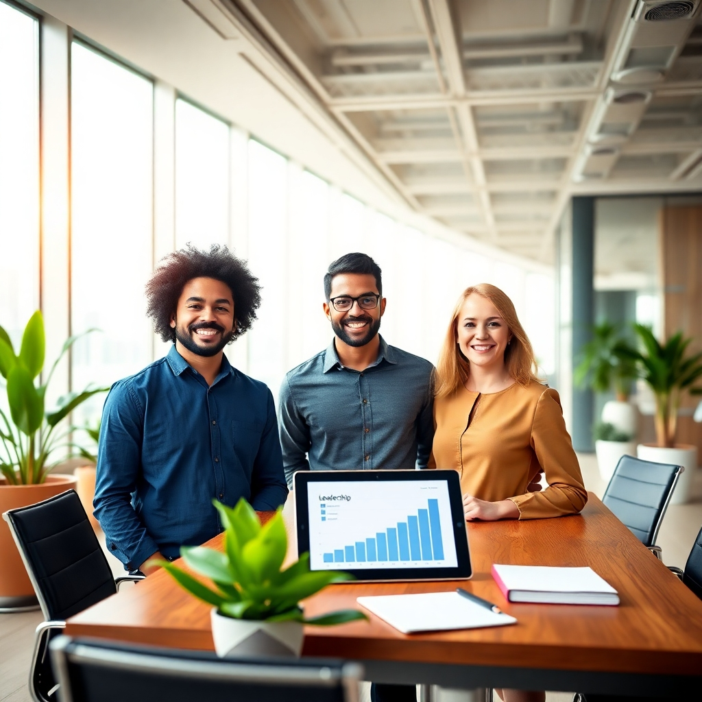 Create a photorealistic, ultra-high-quality 8K resolution header image for REE Personal Development.  The image should feature a diverse group of three to four confident, successful-looking individuals (20s-50s), radiating energy and positive vibes. They should be standing in a modern, bright, and spacious office environment, possibly a collaborative workspace, with large windows showing a cityscape in the background. The lighting should be natural and bright, coming from large windows to the left, creating soft shadows and highlighting their faces. The color palette should be vibrant and energetic, incorporating blues, greens, and gold accents.  The overall mood should be one of optimism, empowerment, and achievement. The camera angle should be slightly elevated, offering a dynamic perspective. Focus on textures: smooth polished wood of a conference table, soft fabrics of clothing, and the sleek metal of modern office furniture.  Environmental elements should include potted plants adding to the vibrancy. Relevant props could include a tablet displaying a leadership graph, or a notebook with inspirational writing.  The style should be reminiscent of high-end corporate photography, with a touch of modern minimalism.  The image should be hyperrealistic, capturing fine details like individual strands of hair and fabric textures, and achieving a depth of field that brings the subjects sharply into focus while subtly blurring the background.  The final image must convey a sense of ambition, collaboration, and success., ultra high resolution, photorealistic, 8K, hyperdetailed, cinematic lighting