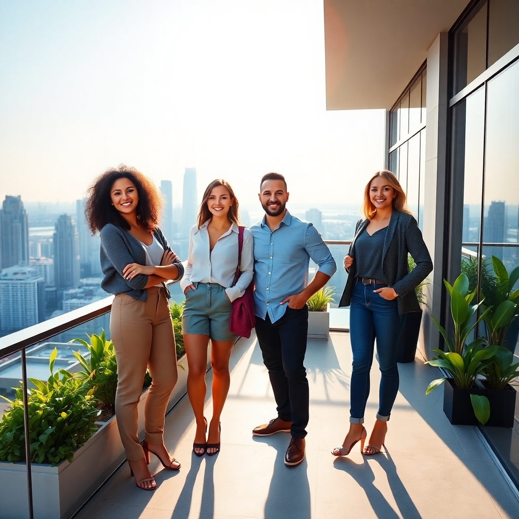 Create a photorealistic, ultra-high quality 8K resolution image for a personal development website.  The image should feature a diverse group of three to four individuals (20-50 age range, showcasing different ethnicities and body types) looking confidently towards the viewer with a slight smile. They are standing on a modern, sun-drenched balcony overlooking a vibrant cityscape. The lighting should be soft and natural, with warm golden hues during the golden hour. The color palette should be vibrant and optimistic, with the city skyline providing a backdrop of blues and greys. The overall mood should be uplifting and inspirational. The camera angle should be slightly low, emphasizing the subjects’ confidence and success.  The subjects are casually but stylishly dressed in comfortable yet elegant clothing.  Textures should be highly detailed, showing the fine weaves of clothing and the sleek lines of the modern architecture. The balcony is made of polished concrete, with lush green plants adding life to the scene. The background features a bustling but peaceful cityscape, creating a sense of opportunity and growth. The style should be reminiscent of high-end lifestyle photography, referencing the works of Annie Leibovitz and Mario Testino. The image should exude a feeling of empowerment, achievement, and transformation, reflecting the brand's mission to help people unlock their full potential.  The image should be hyperrealistic with extreme detail and focus, emphasizing skin textures, clothing details, and the city's vibrancy. Include subtle motion blur in the city background for a sense of dynamism., ultra high resolution, photorealistic, 8K, hyperdetailed, cinematic lighting