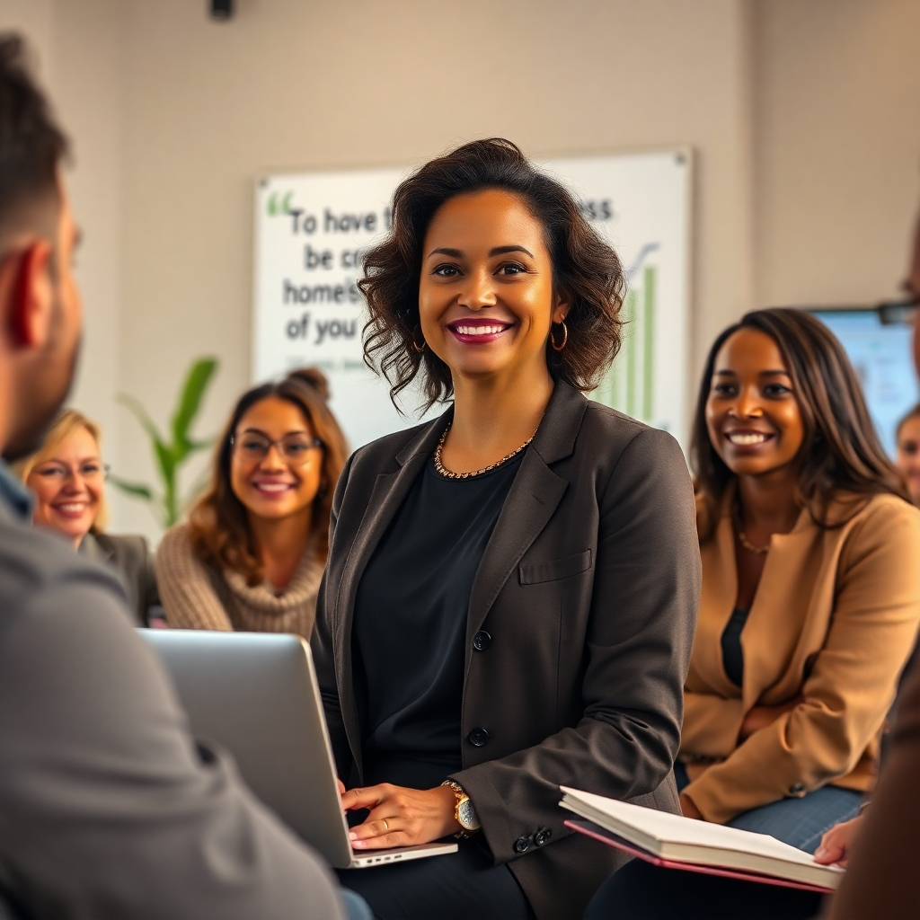 Create a photorealistic, ultra-high quality 8K resolution image.  The main subject is Rechana Sotori, appearing confident and inspiring, possibly giving a presentation or coaching session to a diverse group of 3-5 successful-looking people (men and women of varying ages and ethnicities) in a modern, yet warm and welcoming space. The lighting should be soft and natural, with a balanced color palette leaning towards warm tones (golden hour lighting) evoking feelings of hope and empowerment. The mood should be optimistic and energetic, with a subtle luxurious feel. The camera angle should be slightly elevated, a medium shot focusing on Rechana and her audience, showing genuine interaction.  Textures should be rich and detailed: soft fabrics on the furniture, the subtle sheen of hair, smooth skin textures, crisp clothing. The environmental elements include a modern, stylish, yet comfortable setting (think a chic co-working space or a bright, airy conference room).  Subtle background elements could include laptops, inspirational quotes on a whiteboard or screen, charts or graphs suggesting growth, and hints of a charitable organization logo (representing the homelessness initiative).  The overall style should be reminiscent of high-end corporate photography and inspirational business coaching imagery.  Props such as a laptop or notebook, perhaps a small plant adding to the warmth and a relevant book can add subtle details. The image should be hyperrealistic, with exceptional detail and clarity, aiming for a high-end magazine cover look., ultra high resolution, photorealistic, 8K, hyperdetailed, cinematic lighting