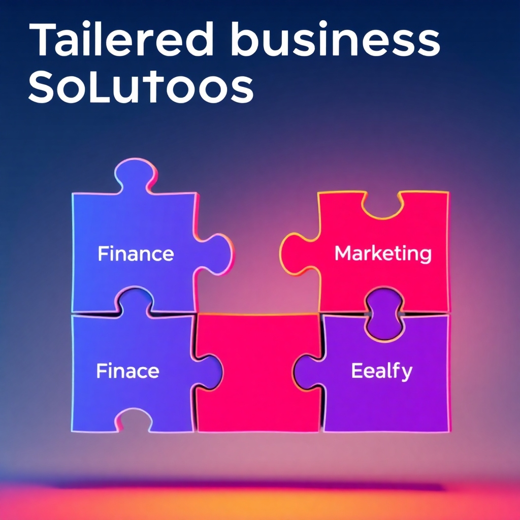 Create a stylized image representing tailored business solutions.  Depict a customizable puzzle with each piece representing a different business aspect (finance, marketing, etc.) fitting together perfectly.  Use a vibrant color palette and high-contrast lighting.  The style should be modern and sleek.