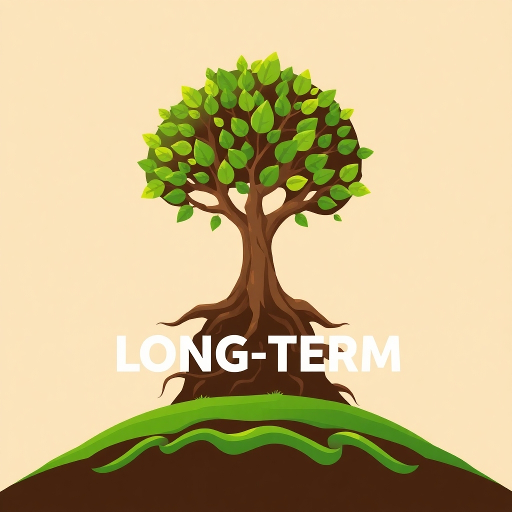 Create a stylized image showing a growing tree with its roots firmly planted in the ground, and its branches reaching towards the sky, representing long-term growth and stability. The image should incorporate earthy tones with vibrant green accents. The style should be organic and inspiring, emphasizing long-term stability and growth.