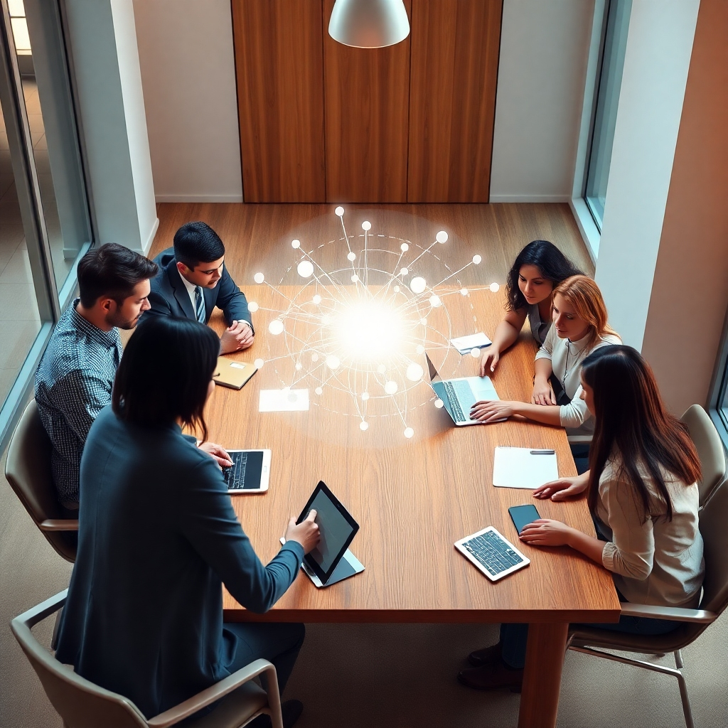 Generate a 4K photorealistic image symbolizing SEMQUAL CONSULTING's mission.  Show a diverse team of professionals, collaborating around a large table with a holographic projection of interconnected business data points.  The scene is brightly lit, using natural light supplemented with soft, ambient lighting.  The color palette is warm and inviting, featuring earth tones and bright accents. The camera angle is slightly high, providing a clear view of the team's interaction and the data projection.  The texture details should include the subtle texture of the wooden table and the smooth, almost ethereal quality of the holographic projection. The environment should be modern and open, reflecting a collaborative work space. Relevant props include laptops, tablets, and pens, subtly placed to enhance the professional atmosphere. The overall style should be clean, modern, and inviting, conveying a sense of teamwork, innovation, and progress.  Consider a slightly stylized approach, with a touch of surrealism to represent the innovative solutions we provide.