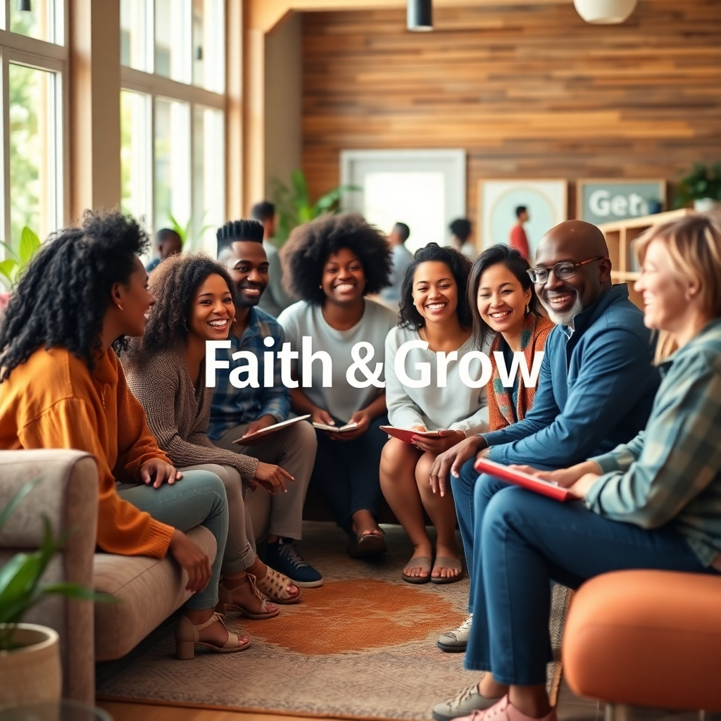 Generate a photorealistic, ultra-high-resolution (8K) header image for a social networking website called 'Faith & Grow.' The image should depict a diverse group of people from various age groups and ethnic backgrounds, smiling and interacting genuinely in a modern, welcoming community space.  The setting should be a brightly lit, airy room with large windows letting in natural light, creating a warm and inclusive atmosphere. The color palette should be vibrant yet calming, with warm earth tones (browns, oranges) subtly contrasted with cool blues and greens, evoking a sense of peace and energy.  The composition should focus on a central group of people engaged in conversation, with others subtly interacting in the background, creating a sense of depth and community. The camera angle should be slightly elevated, providing a broad yet intimate perspective.  Textures should include soft fabrics (couches, rugs), smooth wooden surfaces, and the natural textures of skin and hair. Environmental elements include plants, possibly a water feature, and comfortable furniture arranged to encourage interaction.  Relevant props could include books, journals, or art representing spiritual themes.  The overall style should be inspired by contemporary lifestyle photography, emphasizing authenticity and genuine human connection. The image should project a feeling of belonging, hope, and shared purpose, reflecting the website's goal of fostering diverse community growth. The image should have a hyperrealistic style, emphasizing detailed textures, realistic lighting and shadows, and a high level of depth-of-field to give it a professional and high-quality look., ultra high resolution, photorealistic, 8K, hyperdetailed, cinematic lighting