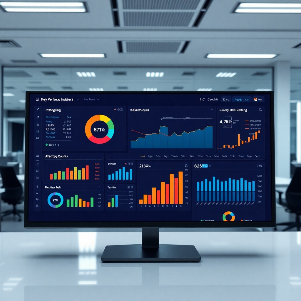 Generate a photorealistic image of a business dashboard displaying key performance indicators (KPIs) and demonstrating significant positive growth.  The dashboard should be visually engaging, utilizing effective data visualization. The environment should be a modern, high-tech office space. The lighting should be well-balanced and professional.  The style should emphasize clarity and precision.