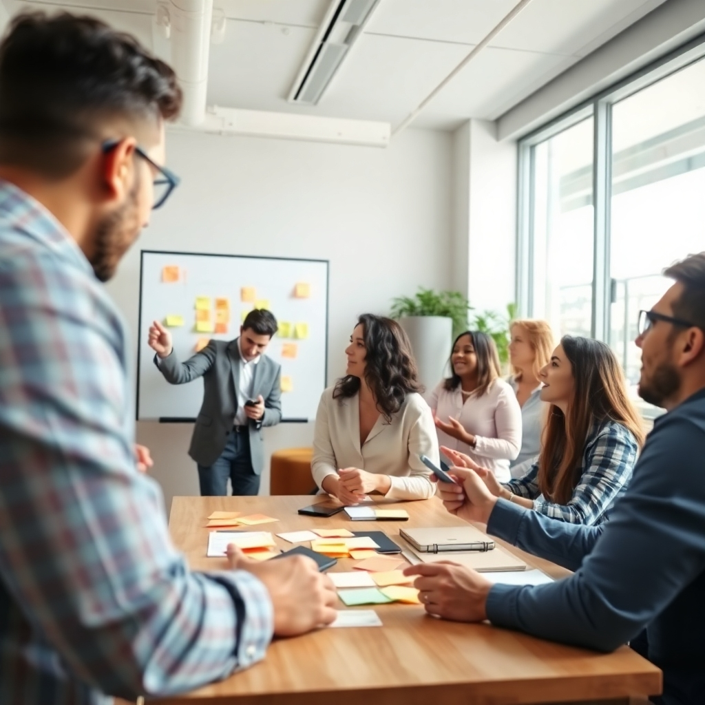 Generate a photorealistic image of a brainstorming session in a modern, light-filled office space.  Individuals are actively participating, using whiteboards, sticky notes, and digital devices.  The image should convey a sense of creative collaboration. The lighting is natural and bright, the color palette is energetic and optimistic. The camera angle should showcase the dynamic nature of the session. The overall style should be energetic and inspiring, emphasizing creative collaboration and innovative thinking.