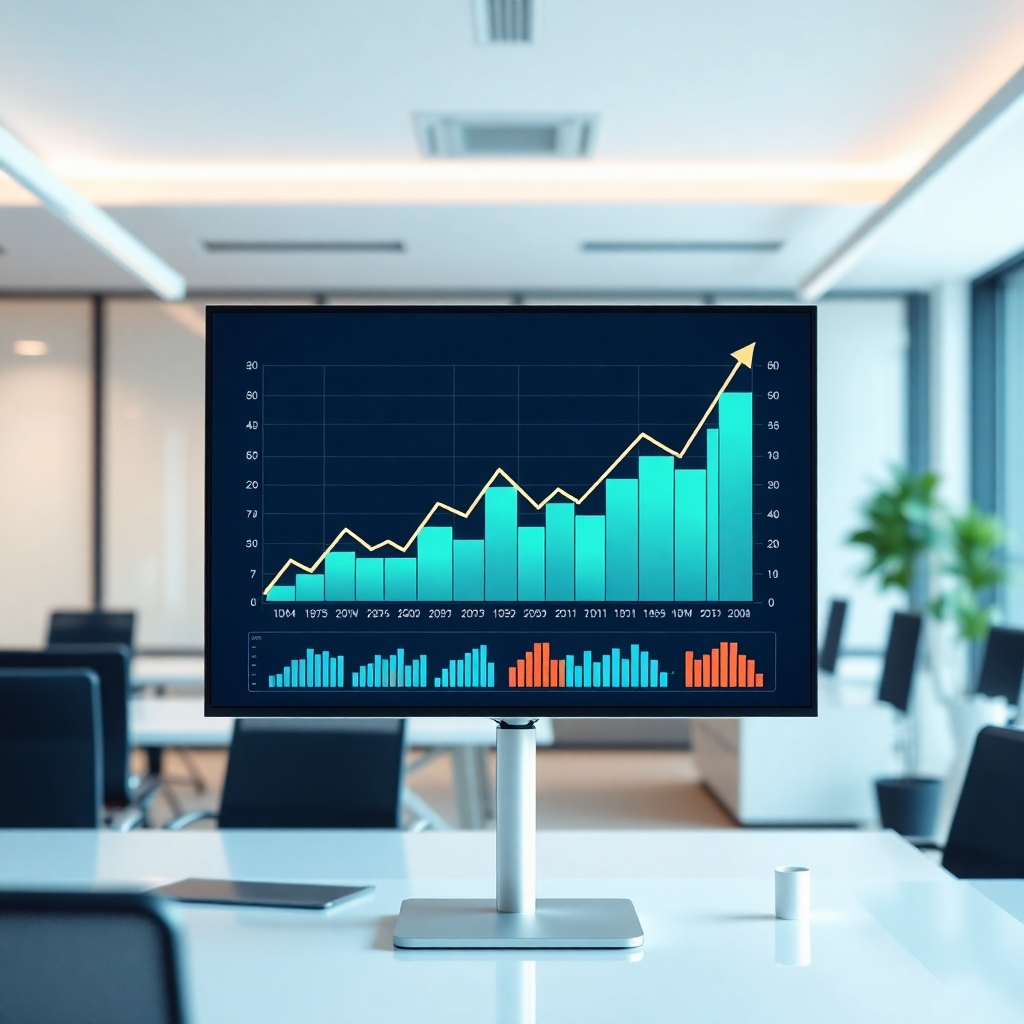Generate a photorealistic image displaying upward-trending graphs and charts on a digital screen. The background should showcase a modern, minimalist office space. The lighting should be bright and clean. The style should be professional and results-oriented, showcasing impactful data visualization.