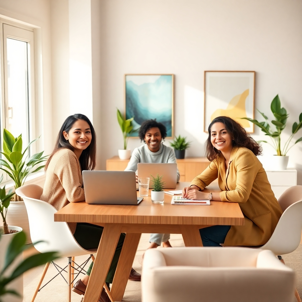 Generate a photorealistic, ultra-high definition (8K resolution) header image for a personal development and affiliate marketing website called REE Personal Development.  The image should feature a diverse group of three to four individuals (20-40 years old, diverse ethnicities and genders) sitting around a modern, minimalist table in a bright, airy, sunlit office space.  The lighting should be natural and soft, with light streaming in from a large window to the left, creating a warm and inviting atmosphere. The color palette should be predominantly warm, with muted earth tones (beige, cream, light browns) accented by subtle pops of teal and gold.  The overall mood should be optimistic, confident, and inspiring. The camera angle should be slightly elevated, offering a three-quarter view of the group, emphasizing their engagement and connection. Textures should include smooth wood grain on the table, soft fabrics on the chairs, and the slight texture of paper documents. Environmental elements include plants in sleek minimalist pots, modern artwork on the wall, and stylish furniture.  Props may include laptops, notebooks, and a few strategically placed plants, enhancing the productivity aesthetic. Background details should remain simple, focusing attention on the individuals. Style references include the minimalist aesthetic of Scandinavian design and the vibrant energy of contemporary business photography. The image should feel sophisticated, trustworthy, and aspirational, exuding a sense of calm focus and potential. The image should be hyperrealistic in quality, showcasing intricate details in hair, clothing textures, and environmental elements. The final render should achieve a cinematic quality, suitable for large-format display., ultra high resolution, photorealistic, 8K, hyperdetailed, cinematic lighting